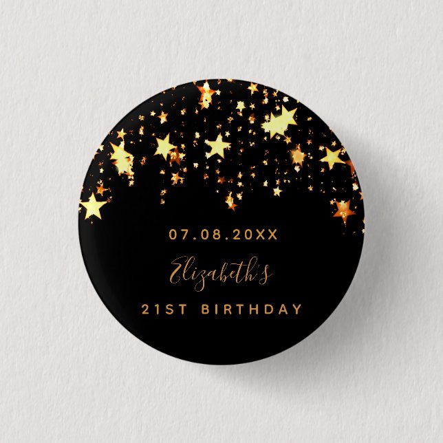 Birthday black gold stars custom monogram  3 cm round badge (Front)