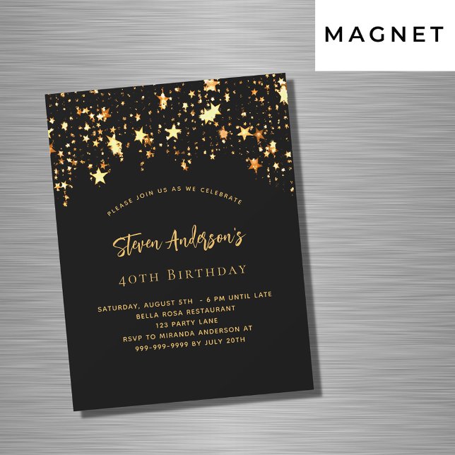 Birthday black gold stars elegant party magnetic invitation (Creator Uploaded)