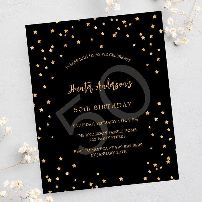 Birthday black gold stars number budget invitation (Creator Uploaded)