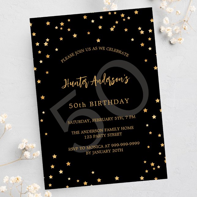 Birthday black gold stars number luxury invitation (Creator Uploaded)