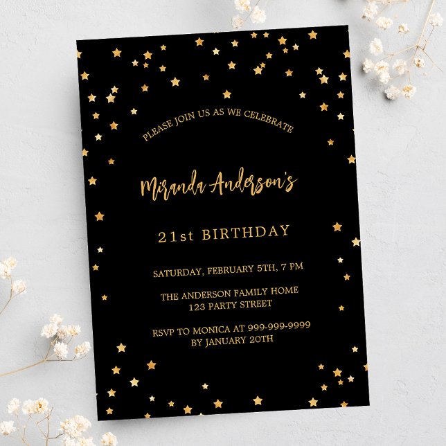 Birthday black gold stars party invitation (Creator Uploaded)