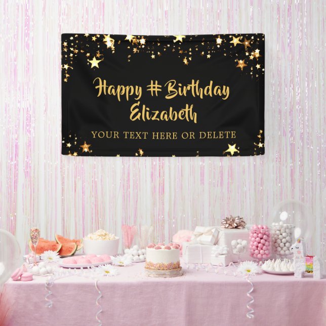 Birthday Black Gold Stars Personalised Your Colour Banner (Party)