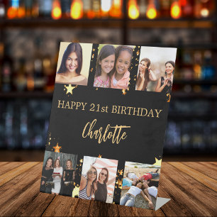 Birthday black gold stars photo collage pedestal sign