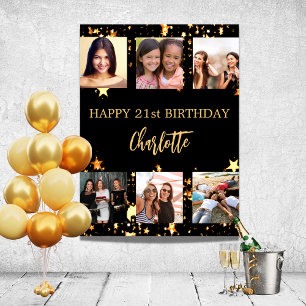 Birthday black gold stars photo collage poster