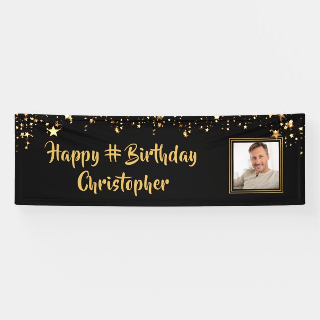 Birthday Black Gold Stars Photo Custom Colour Banner (Horizontal)