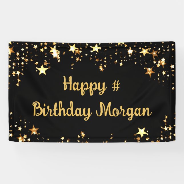 Birthday Black Gold Stars Script Personalised Banner (Horizontal)