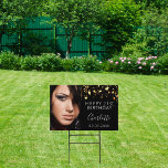 Birthday black gold stars woman elegant garden sign<br><div class="desc">Celebrating a 21st (or any age) milestone birthday for a girl/woman. An elegant modern black background and faux gold stars. Personalise and add your own photo of the birthday girl. The text: The name in white with a modern hand lettered style script. Personalise and add a name, age 21 and...</div>