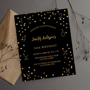 Birthday black gold stars years budget invitation flyer