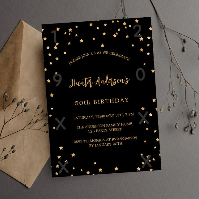 Birthday black gold stars years invitation (Creator Uploaded)