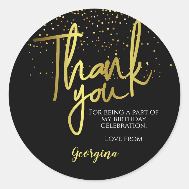 Birthday Black Gold Typography Thank You Classic Round Sticker (Front)