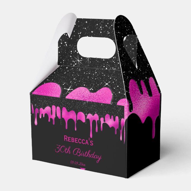 Birthday Black & Hot Pink Drips Glitter Thank You  Favour Box (Front Side)
