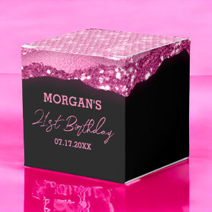 Birthday Black Hot Pink Glitter Name Thank You Favour Box