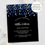 Birthday black navy blue budget invitation<br><div class="desc">A modern,  elegant and invitation.  A black background decorated with blue confetti.  Personalise and add a name and details. White text. 

1 sheet = 1 invitation printed edge to edge.</div>