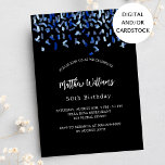 Birthday black navy blue confetti invitation<br><div class="desc">A modern,  elegant and invitation.  A black background decorated with blue confetti.  Personalise and add a name and details. White text.</div>