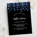 Birthday black navy blue confetti luxury invitation<br><div class="desc">A modern,  elegant and invitation.  A black background decorated with blue confetti.  Personalise and add a name and details. White text.</div>