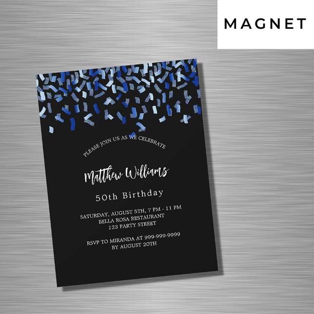 Birthday black navy blue confetti luxury magnetic invitation (Creator Uploaded)