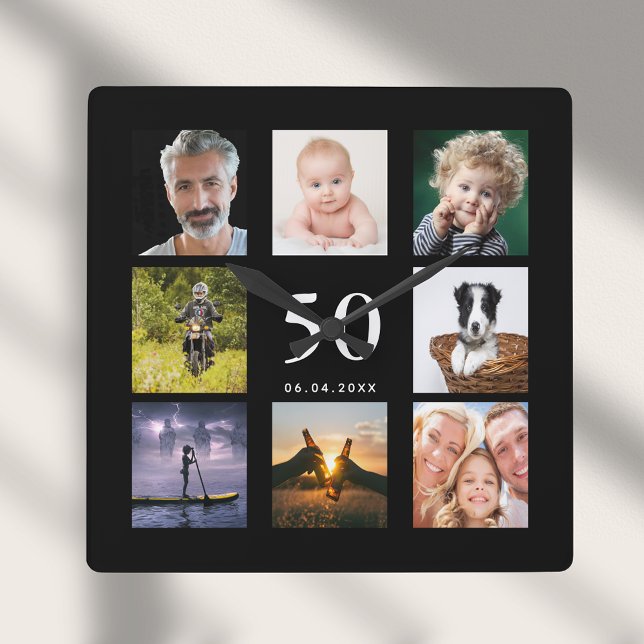 Birthday black photo collage guy square wall clock (Creator Uploaded)