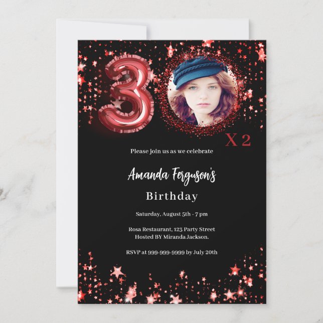 Birthday black photo gold stars invitation (Front)