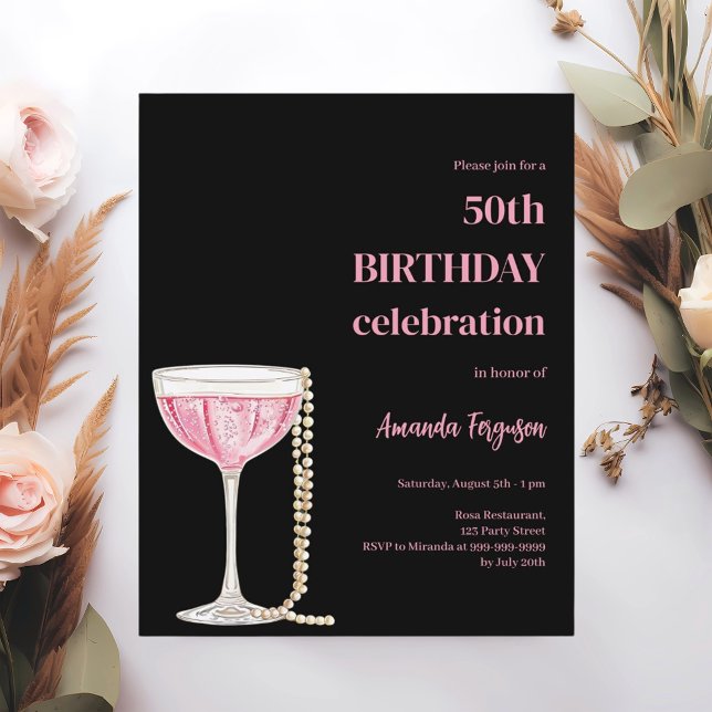 Birthday black pink bubbles wine pearls invitation (Creator Uploaded)