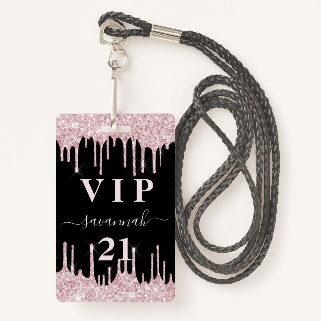 Birthday black pink glitter drips vip invitation  ID badge (Front with Lanyard)