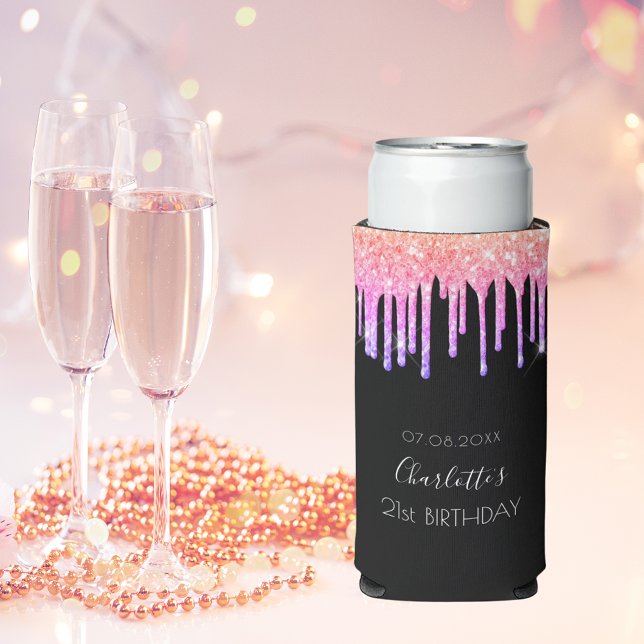 Birthday black pink purple glitter drips party seltzer can cooler (Creator Uploaded)