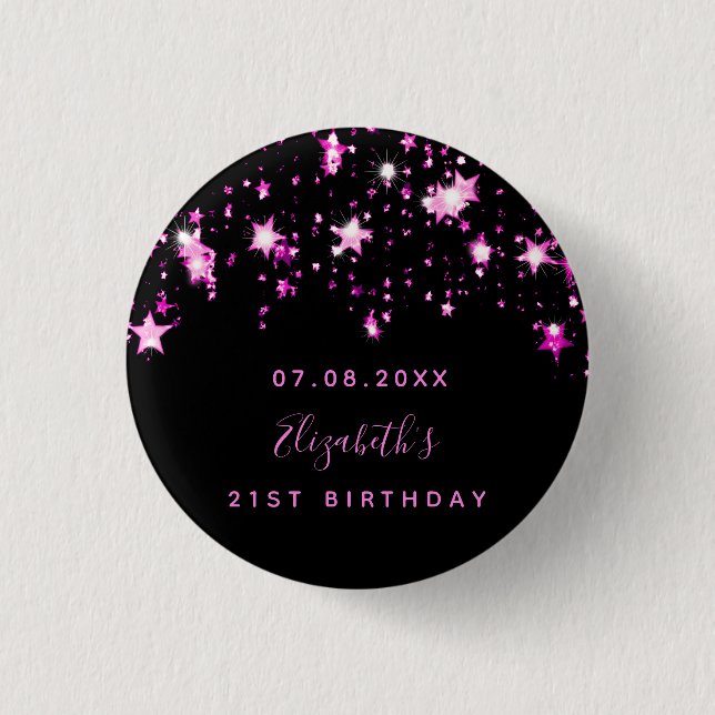Birthday black pink stars name 3 cm round badge (Front)