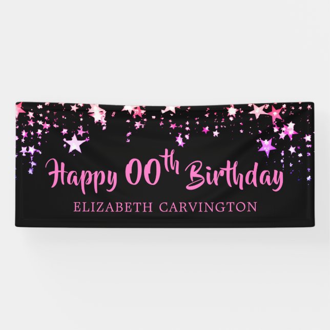 Birthday Black Pink Stars Personalised Banner (Horizontal)