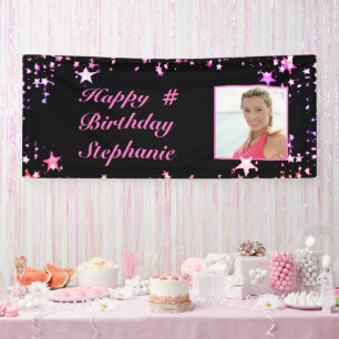 Birthday Black Pink Stars Photo Personalised Banner