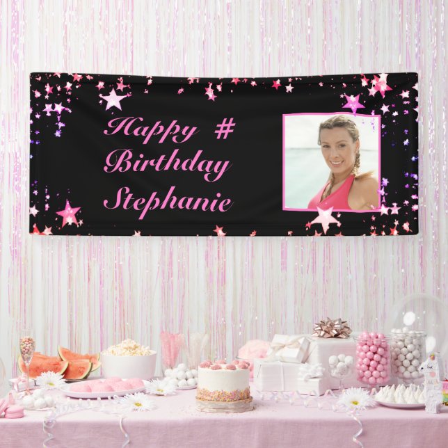 Birthday Black Pink Stars Photo Personalised Banner (Party)
