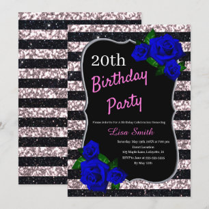 Birthday Black Pink Stripes Glitter Deep Blue Rose Invitation