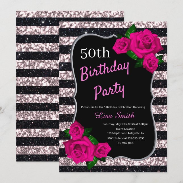 Birthday Black Pink Stripes Glitter Pink Roses Invitation (Front/Back)