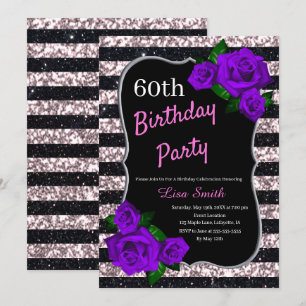 Birthday Black Pink Stripes Glitter Purple Roses Invitation