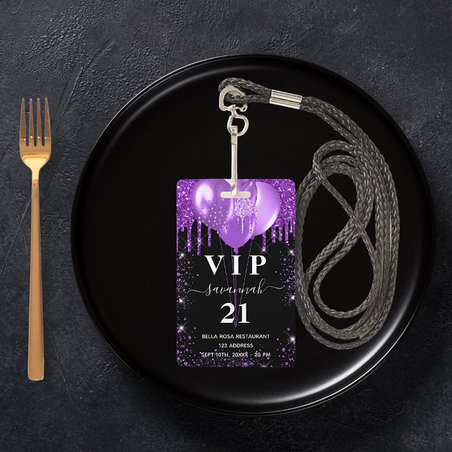 Birthday black purple balloon vip invitation ID badge (Creator Uploaded)