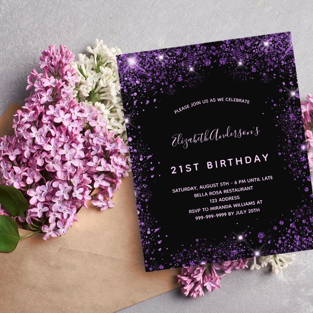 Birthday black purple glitter budget invitation flyer (Creator Uploaded)