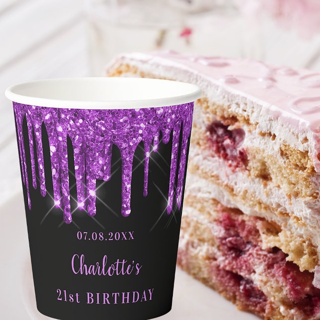Birthday black purple glitter drips monogram paper cups (Creator Uploaded)