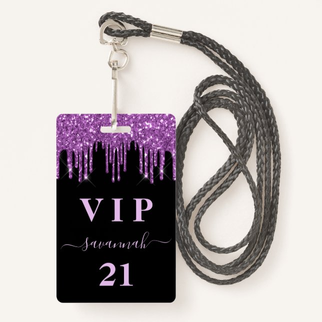 Birthday black purple glitter drips monogram vip ID badge (Front with Lanyard)