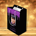 Birthday black purple glitter drips photo medium gift bag<br><div class="desc">A gift bag for a girly and glamourous 16th (or any age) birthday. A black background with purple and pink faux gold glitter drips, paint dripping look. The text: The name is written with a modern purple hand lettered style script. Tempate for a date and age 16. Personalise and add...</div>