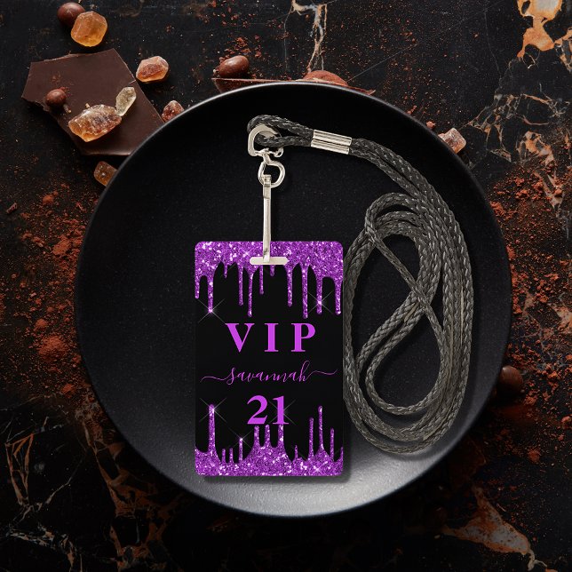 Birthday black purple glitter drips vip invitation ID badge (Creator Uploaded)