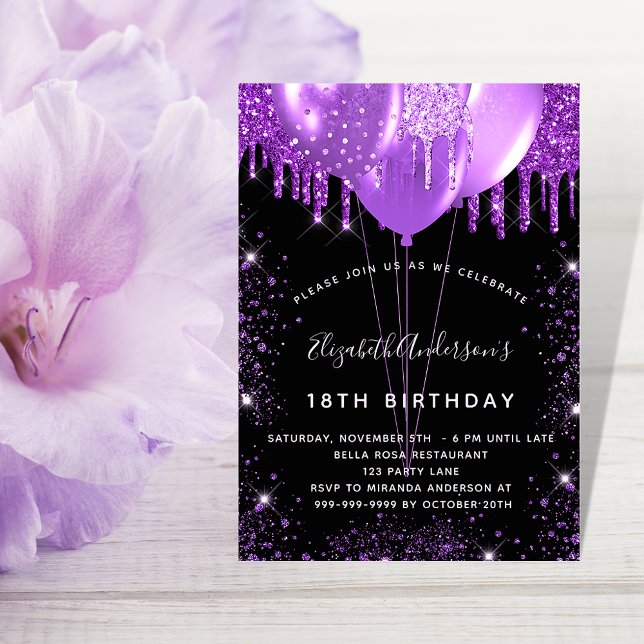 Birthday black purple glitter dust balloons invitation postcard (Creator Uploaded)
