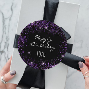 Birthday black purple glitter dust hugs kisses  classic round sticker