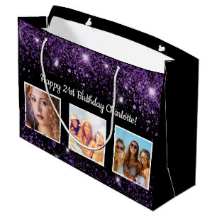 Birthday black purple glitter dust monogram  large gift bag