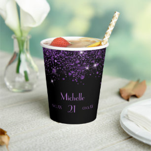 Birthday black purple glitter dust monogram paper cups