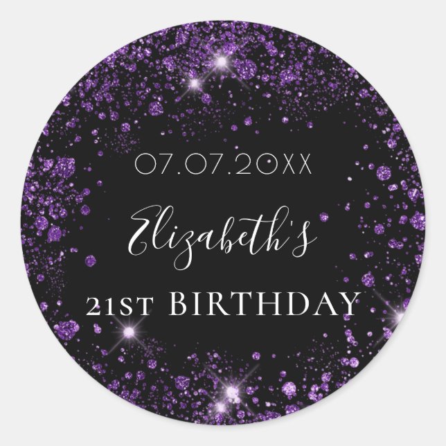 Birthday black purple glitter dust name date classic round sticker (Front)