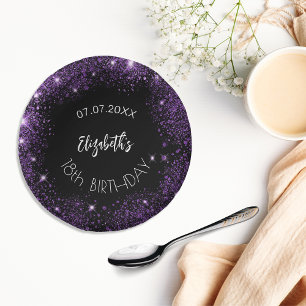 Birthday black purple glitter girl name paper plate