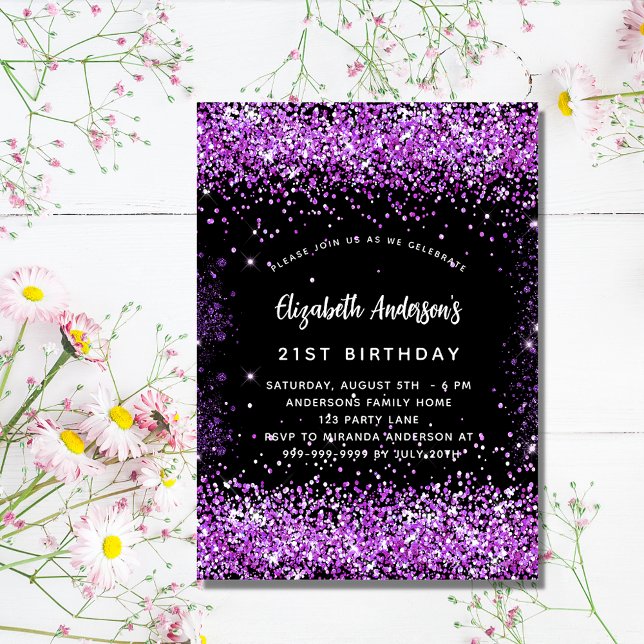 Birthday black purple glitter glamourous invitation (Creator Uploaded)