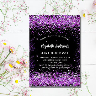 Birthday black purple glitter glamourous invitation postcard