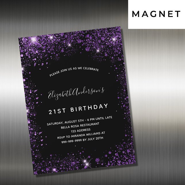 Birthday black purple glitter invitation magnet (Creator Uploaded)