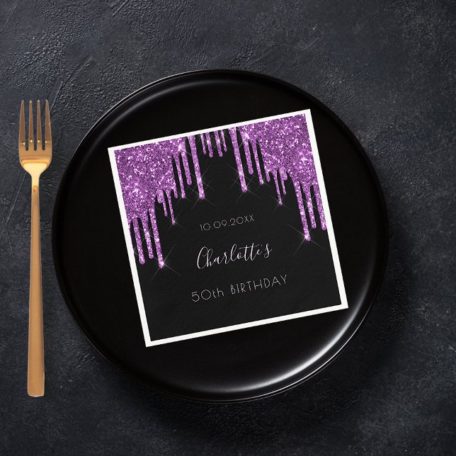 Birthday black purple glitter monogram luxurious napkin (Creator Uploaded)