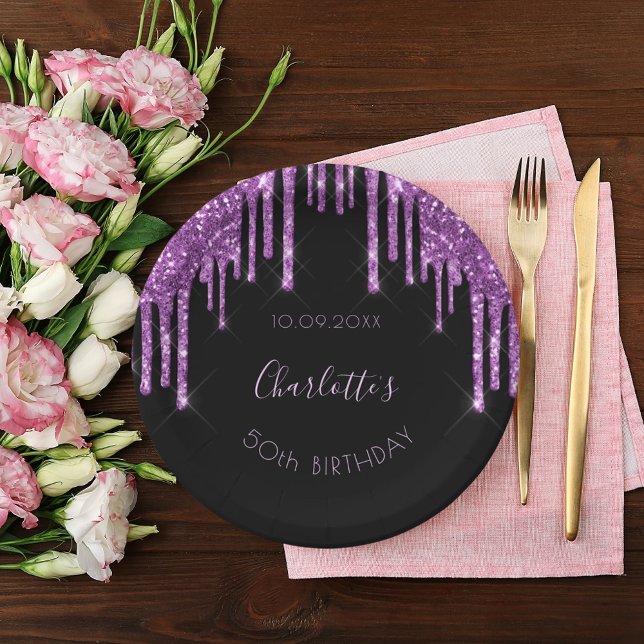 Birthday black purple glitter monogram luxurious paper plate (Creator Uploaded)