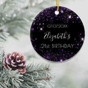 Birthday black purple glitter name elegant ceramic tree decoration